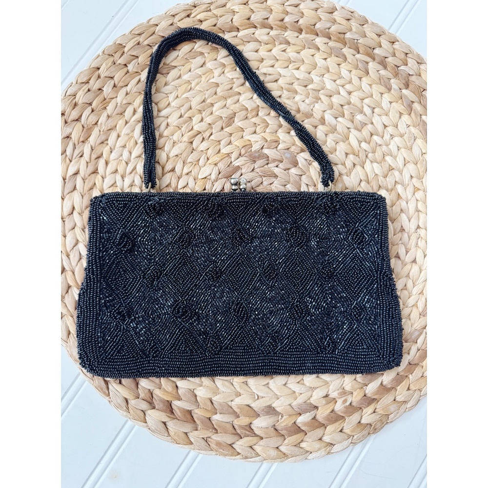 Vintage Walborg Hand Beaded Black Beaded Evening Clutch Shoulder Bag